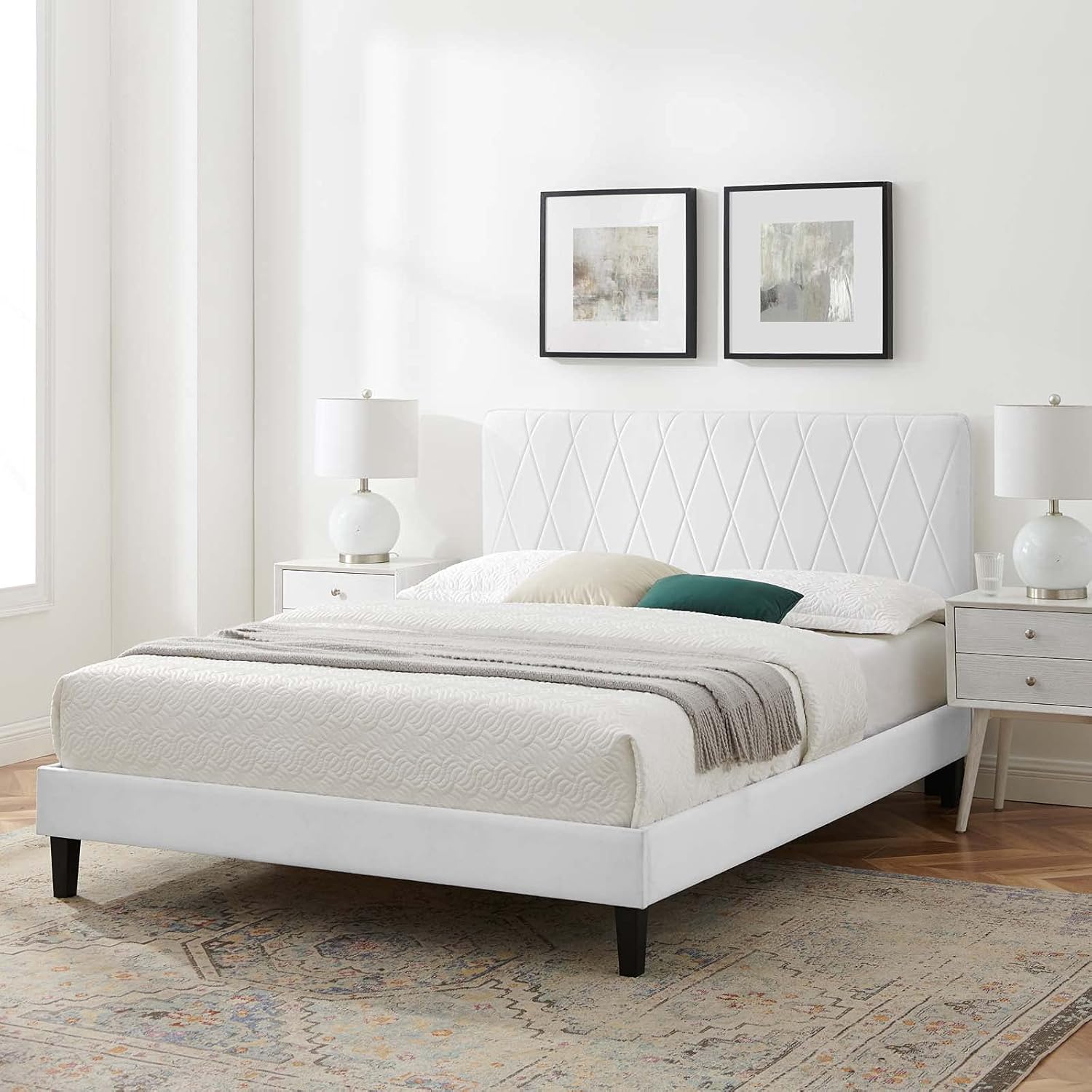 Modway Phillipa Performance Velvet King Platform Bed in White with Black Wood Legs