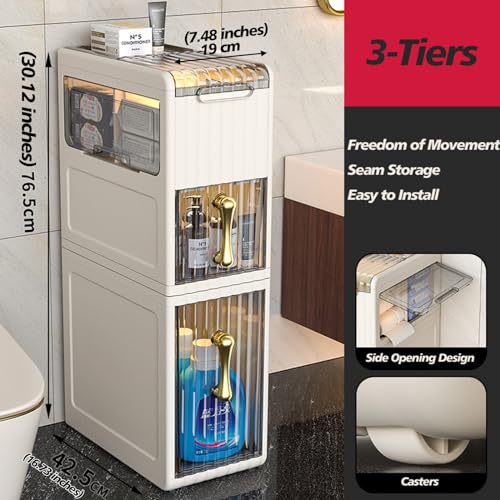 Bathroom Plastic Floor Cabinet with Drawers and Casters Large Capacity Narrow Tall Slim Waterproof Toilet Paper Holder Organizer Vertical Storage Unit for Small Spaces Gaps White, 2-Tiers