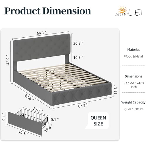 SUNLEI Full Size Bed Frame with 4 Storage Drawee, Platform Bed with Upholstered Button Tufted Headboard, Solid Wood Slats Support, No Box Spring Needed, Easy Assembly, Grey