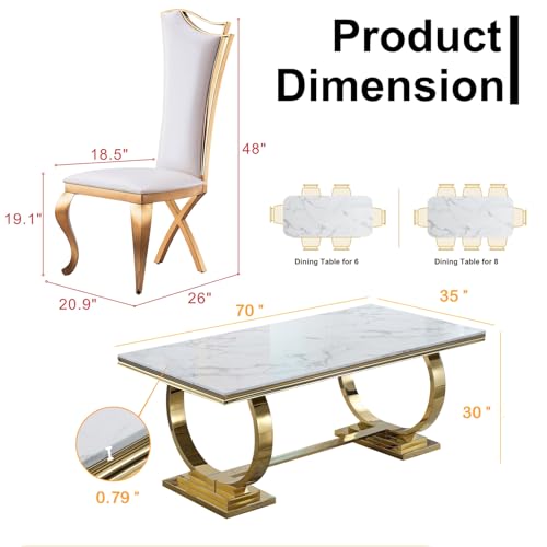 Luxury Marble Dining Table for 6-8, Modern Rectangle Dining Room Table with Faux Marble Top & Silver U-Shaped Stainless Steel Base, 70