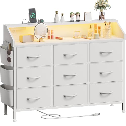 Lulive Black Dresser for Bedroom 9 Drawers - Fabric Dressers for Bedroom with LED Light & Charging Station - Kids Adults Chest of Drawers for Living Room Hallway Closet Nursery (Black)