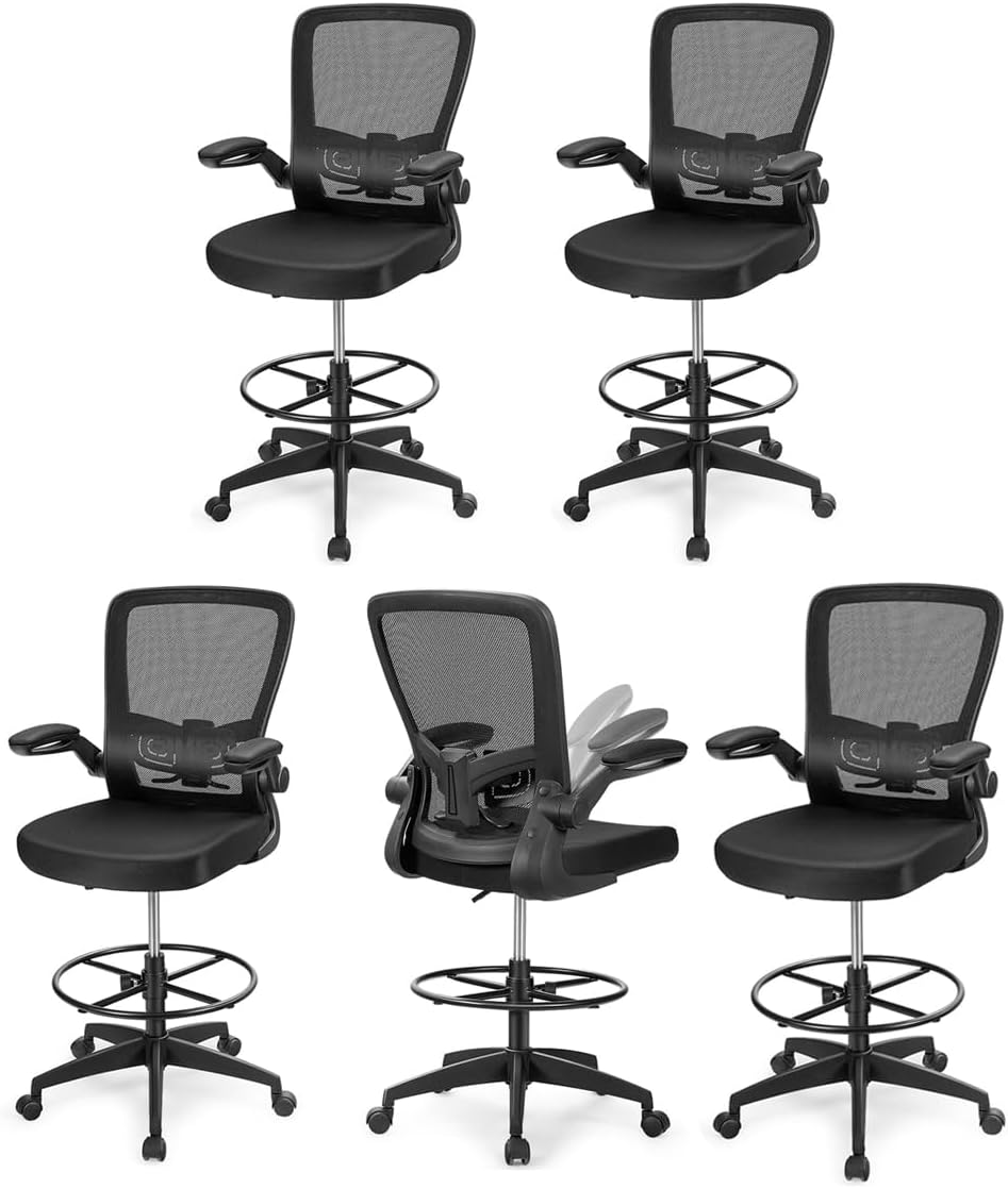 Giantex Drafting Chair Set of 5, Tall Office Chair with Adjustable Lumbar Support & Footrest Ring, Executive Height Adjustable Stool with Flip-up Armrests, Ergonomic Computer Standing Desk Chair