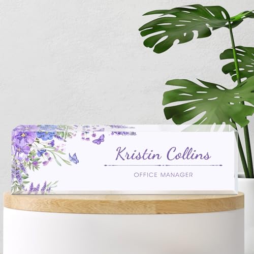 Custom Name Plate for Desk, Acrylic Office Decor For Women Men, Personalized Office Desk Accessories, Teacher Employee Appreciation Gifts For Social Worker Boss Coworkers (Purple Flower-1)