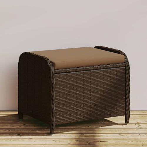 vidaXL Patio Stool with Cushion - Brown Poly Rattan Outdoor Ottoman Seating - Steel Frame - 22.8