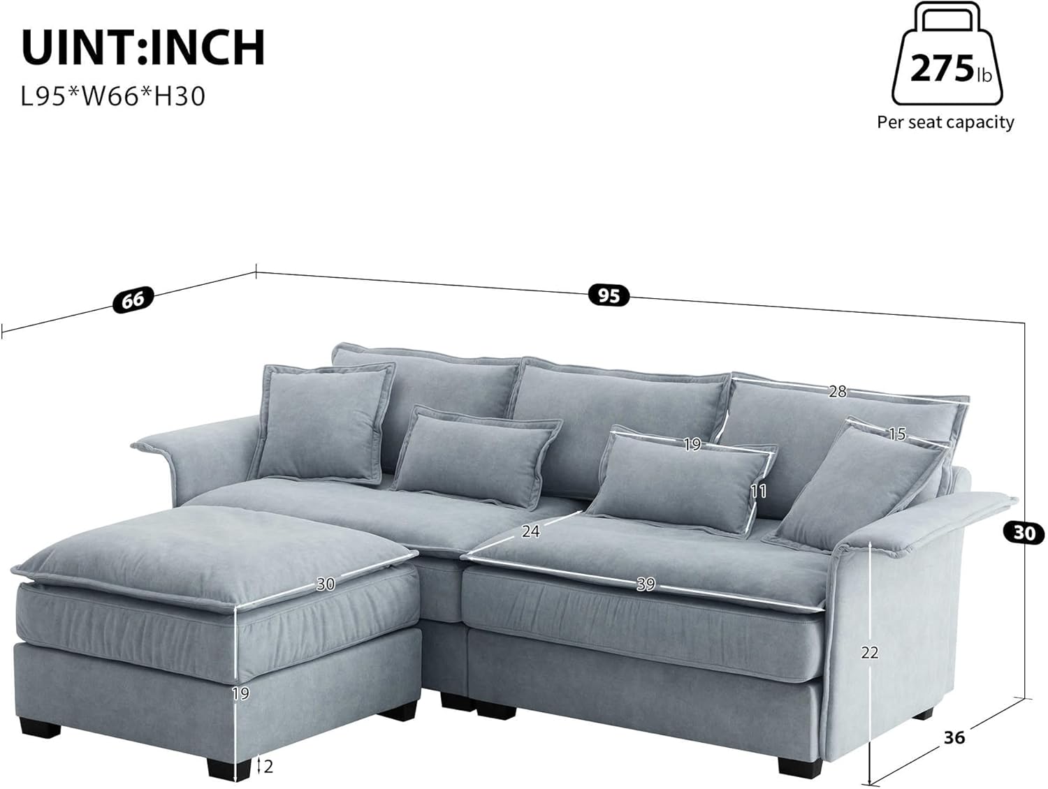 Luxurious Oversized Sectional Sofa with Curved Wood Armrests & Convertible Ottoman - Comfortable Living Room Furniture Set for Apartments & Homes