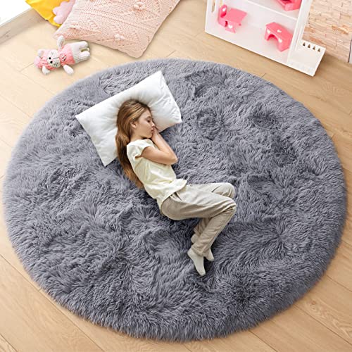 junovo Soft Round Rainbow Area Rugs for Girls Room, Fluffy Colorful Circle Rugs for Kids Bedroom, Cute Circular Rug Princess Castle Plush Shaggy Carpet for Kids Teen Baby Room Nursery Home Decor, 4ft