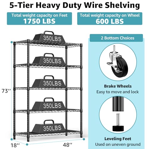 MZG Steel Storage Shelving 6-Tier Utility Shelving Unit with Wheels, Steel Organizer Wire Rack for Home,Kitchen,Office,Garage,18