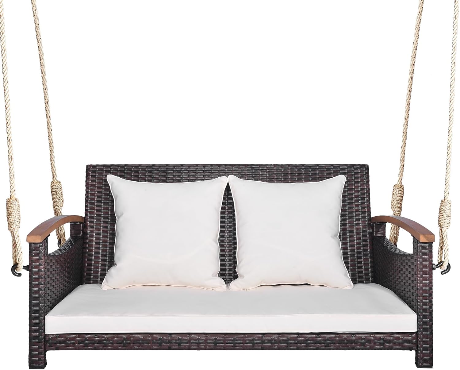 DORTALA 2-Person Porch Swing, Outdoor PE Rattan Hanging Swing Bench with Cushions, Acacia Wood Armrests for Patio Garden Deck, Creamy White