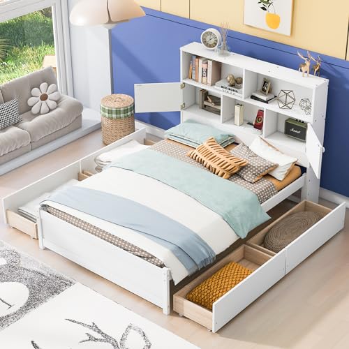 Bellemave Captain beds with Storage, Full Size Storage Bed with 4 Drawers and Storage headboard, Full Size Bed with Bookcase and USB, Full Bed for Kids, Boys, Girls, Teens Adults, White