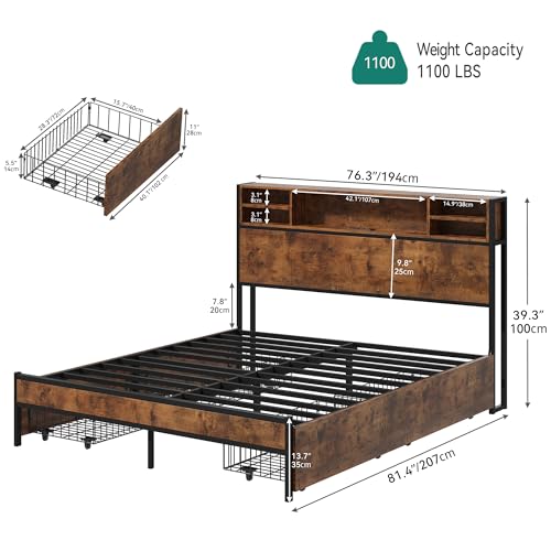 YITAHOME King Bed Frame with Headboard, Metal Platform Bed with 4 Storage Drawers and Charging Station, No Box Spring Needed, Fast Assembly - Brown