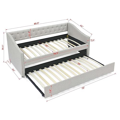 Full Size Upholstered Daybed with Pull Out Twin Trundle, Multifunctional Tufted Sofa Bed Frame with Button Nailtrim Arms and Wood Slat Support, No Spring Box Needed (Beige, Full)