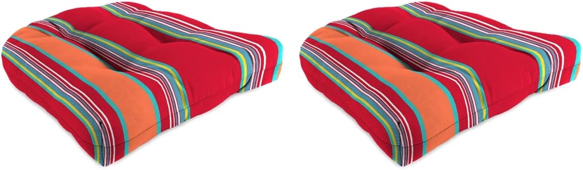 9915PK2-6427D 18 x 18 in. Mulberry Striped Stripe Square French Edge Tufted Outdoor Wicker Seat Cushions Red - Pack of 2