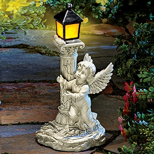 Collections Etc Solar Powered Light-up Lantern with Cherub Figurine - Intricate Carved Details in Cherub and Light Post Displays, Resin Material Safe for All Weather, Silver