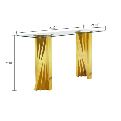 55 inch Geometric Entryway Sofa Table Modern Narrow Long Glass Console Table with Silver Mirrored Stainless Steel Base Contemporary Accent Table for Living Room, Entryway, Hallway, Entrance