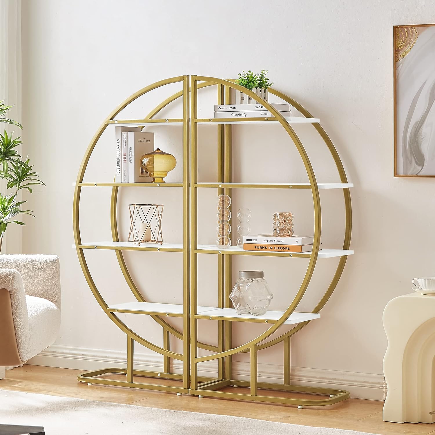 4-Tier Bookcase Home Office Open Bookshelf with Different Placement Ways,Round-Shaped Bookcases w/Anti-Falling Device,Steel Frame,Easy to Assemble,Golden+White