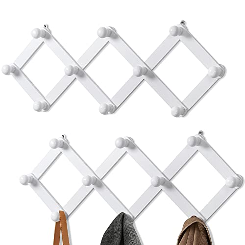 2 Pack Accordion Wall Hanger, Expandable Coat Rack Wall Mounted, Solid Wooden Wall Hat Rack, Wood Hat Hanger for Hanging Coat, Hats, Caps, Mugs, 10 Peg, Brown