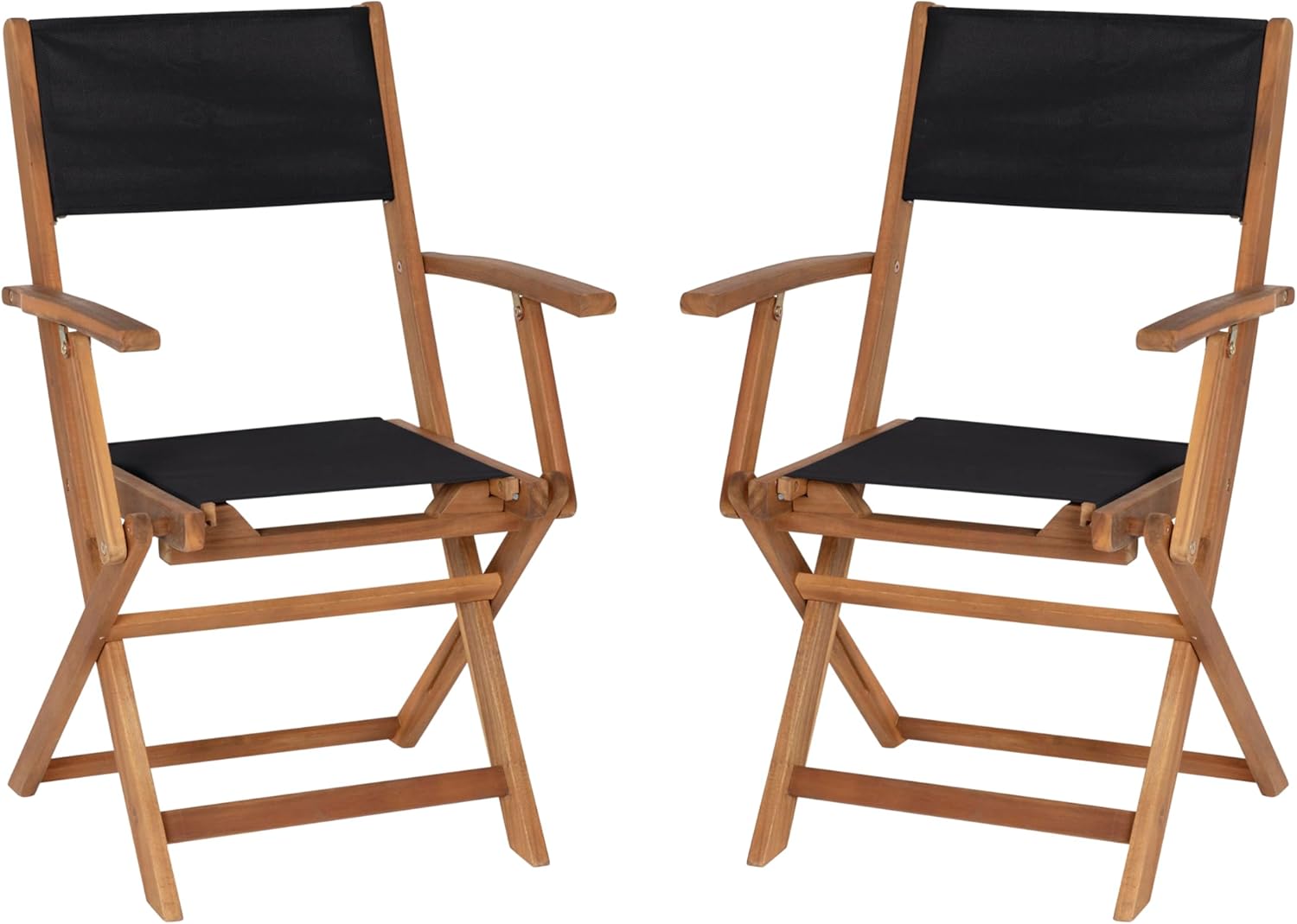 EMMA + OLIVER Kosti Folding Chairs with Arms - Natural Acacia Wood - Textilene Mesh Seat and Back - Weather Resistant - 275 lbs. Static Weight Capacity - Set of Two