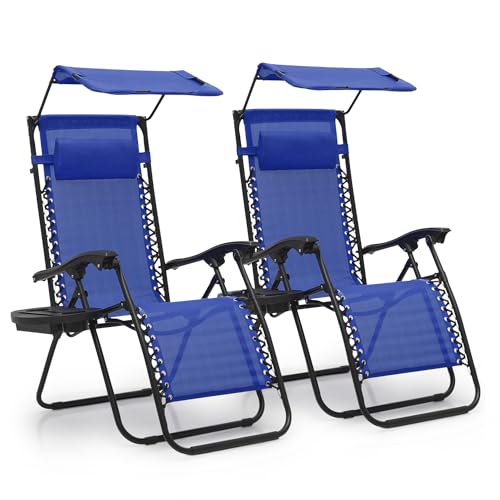 MoNiBloom 2 Pieces Lounge Outdoor Patio Beach Yard Garden Sun Shade Chair with Utility Tray Cup Holder, 330lbs Capacity, Blue