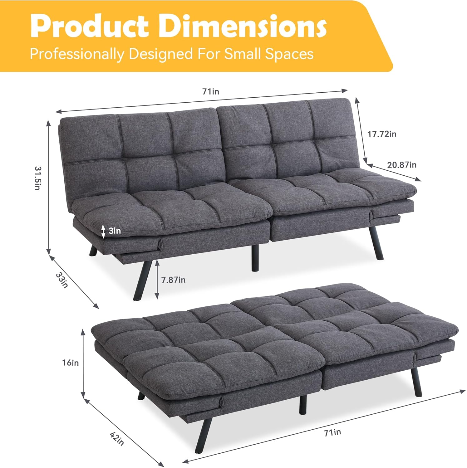 Bed,Grey Linen Futon Couch Small Foldable Loveseat Sofas