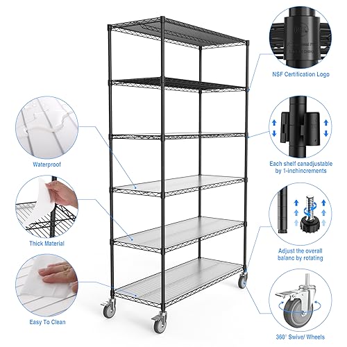NSF 6 Tier 6000lbs Metal Shelf Wire Shelving Unit, Heavy Duty Adjustable Storage Rack with 5in Wheels and Shelf Liners for Commercial Grade Utility Steel Storage Rack - 20