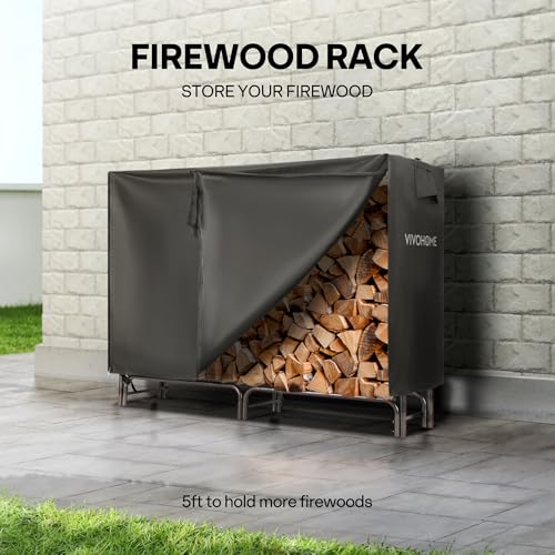 VIVOHOME 5ft Heavy Duty Indoor Outdoor Firewood Storage Log Rack with Cover Combo Set Black