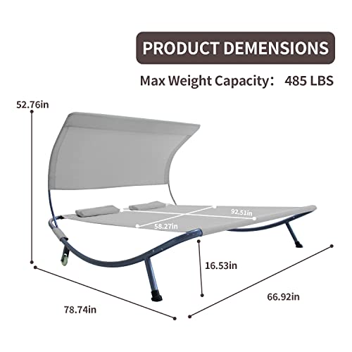 Outdoor Double Chaise Lounge Bed with Canopy, Headrest Pillow and Wheels, Perfect for Hammock Bed for Patio, Yard, Pool,Beige