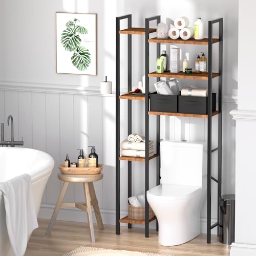 Over The Toilet Storage with 2-Drawer, Metal Bathroom Organizer with 7 Tier Adjustable Shelf & Freestanding Space Saver Storage Rack Above Toilet Stand with Hooks for Restroom, Laundry -Black (Black)