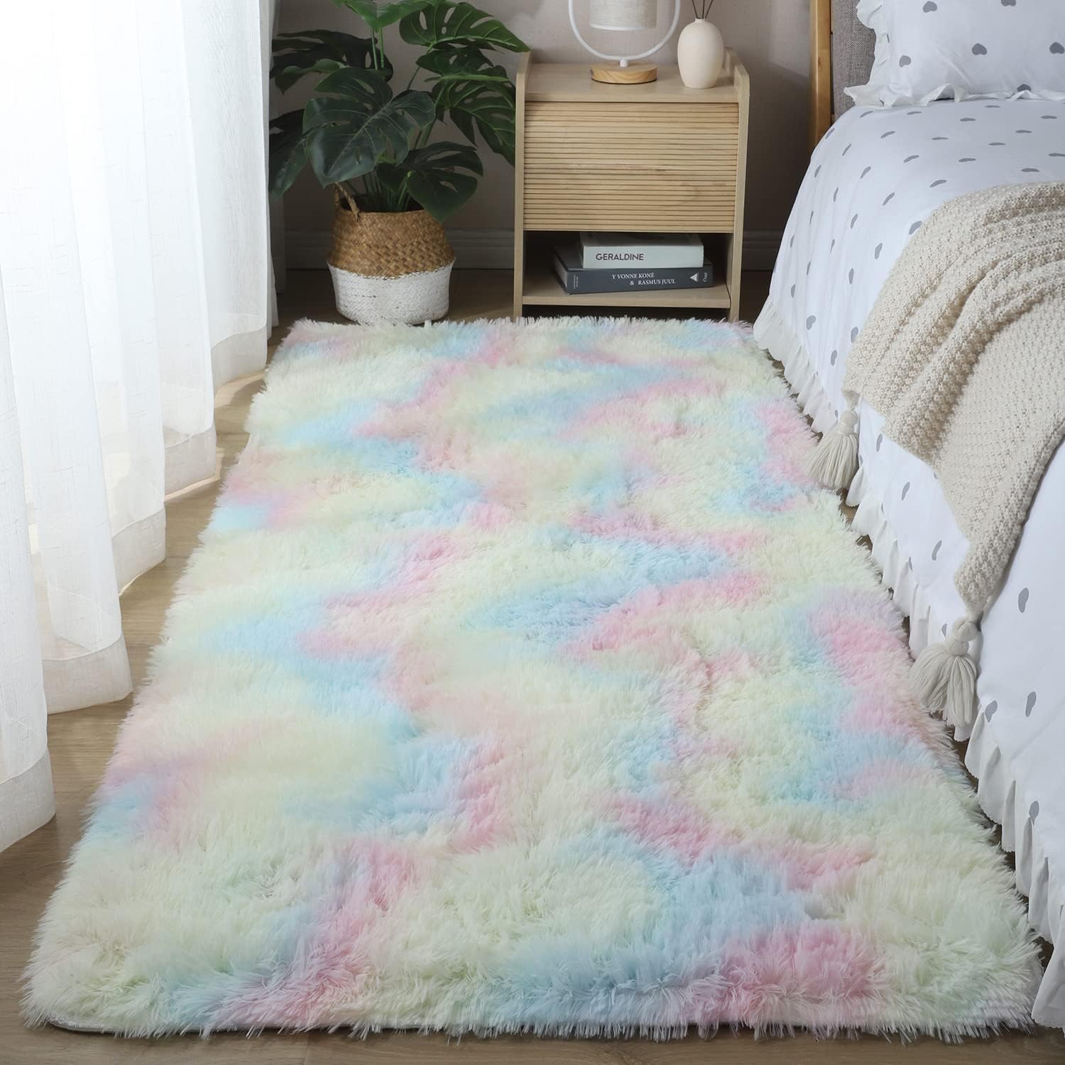 Rainbow Rug for Girls Bedroom,3X5 Tie Dyed Fluffy Area Rug,Soft Fuzzy Shaggy Rugs for Kids Room,Non-Slip Bottom Furry Carpet for Nursery,Rainbow Rug