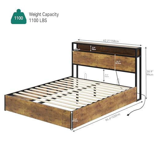 DWVO Lift-up Storage Bed Frame, King Size Bed Frame with Bookcase Headboard & LED Lights, Wooden Platform Bed Frame with Charging Station, No Spring Box Needed, Rustic Brown