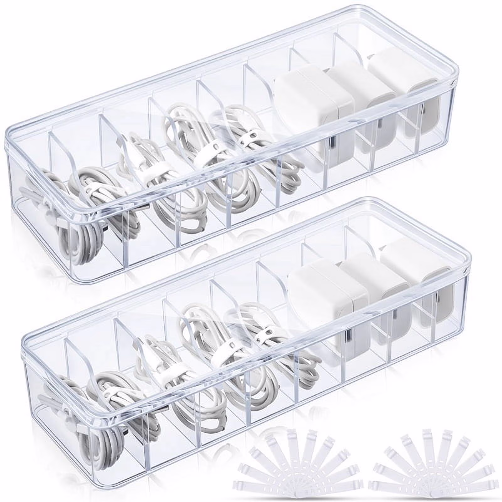 2Pcs Cable Storage Box with Wire Ties, Clear Cord Storage Box with Lid, Organizer for Home Office Desk Organizers