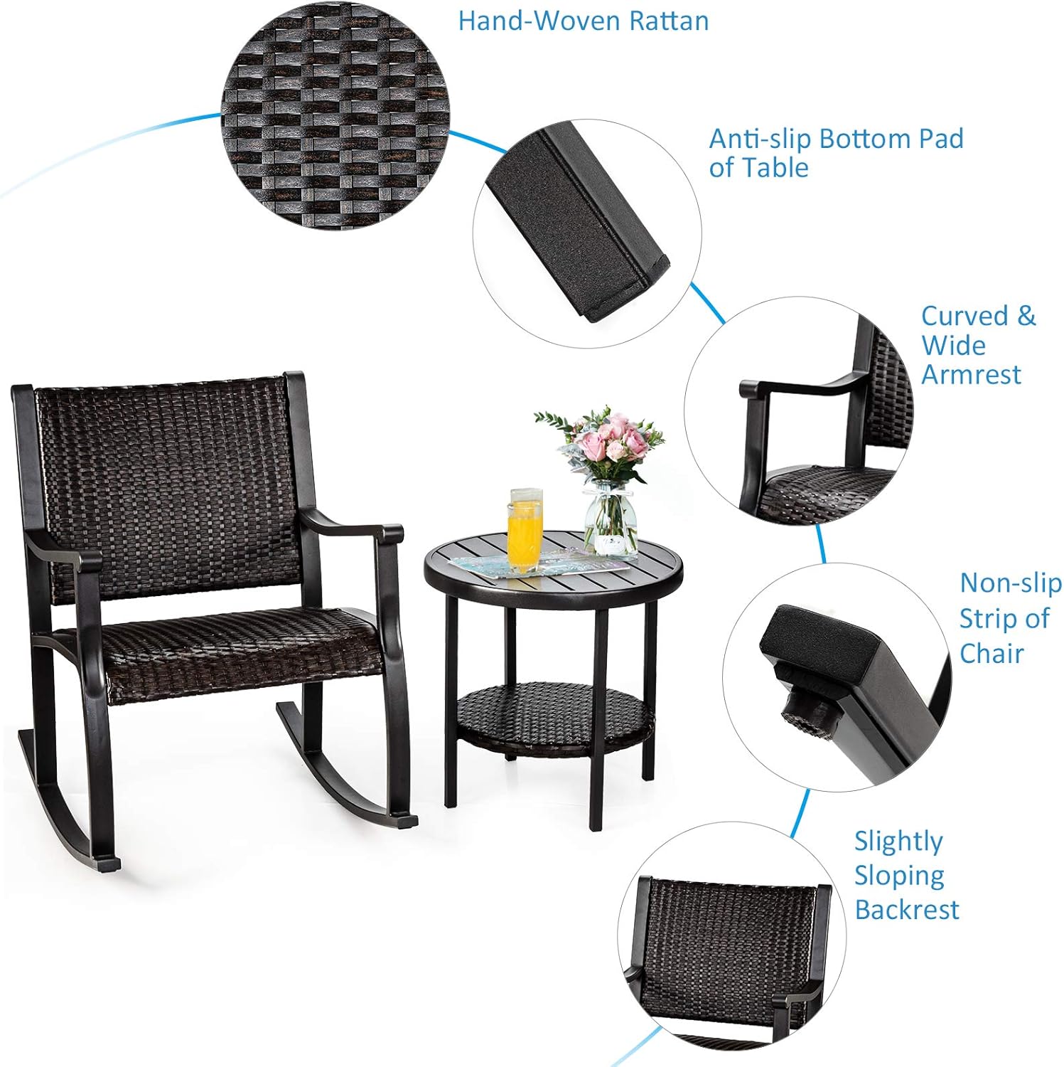 RELAX4LIFE 3-Piece Rocking Bistro Set - PE Wicker Outdoor Rocking Chair Furniture Set w/Side Table and Extra Storage Shelf, Patio Conversation Set for Porch, Balcony Deck