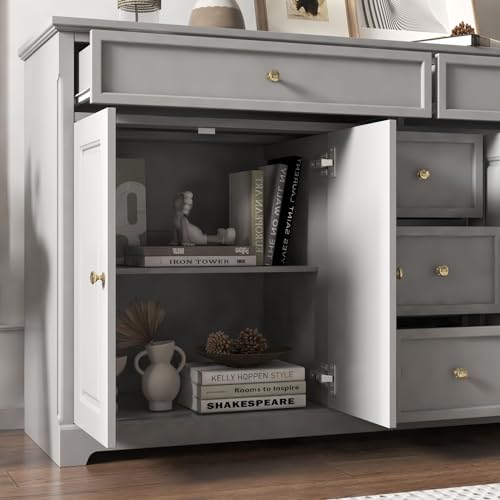 FAMAPY Sideboard Credenza with 5 Drawers, Sideboard Buffet Cabinet with 4 Doors, White Buffet Cabinet with Gold Knobs, Home Bar Cabinet, for Living Room Kitchen Hallway, 15.7”D x 59.1”W x 33.5”H