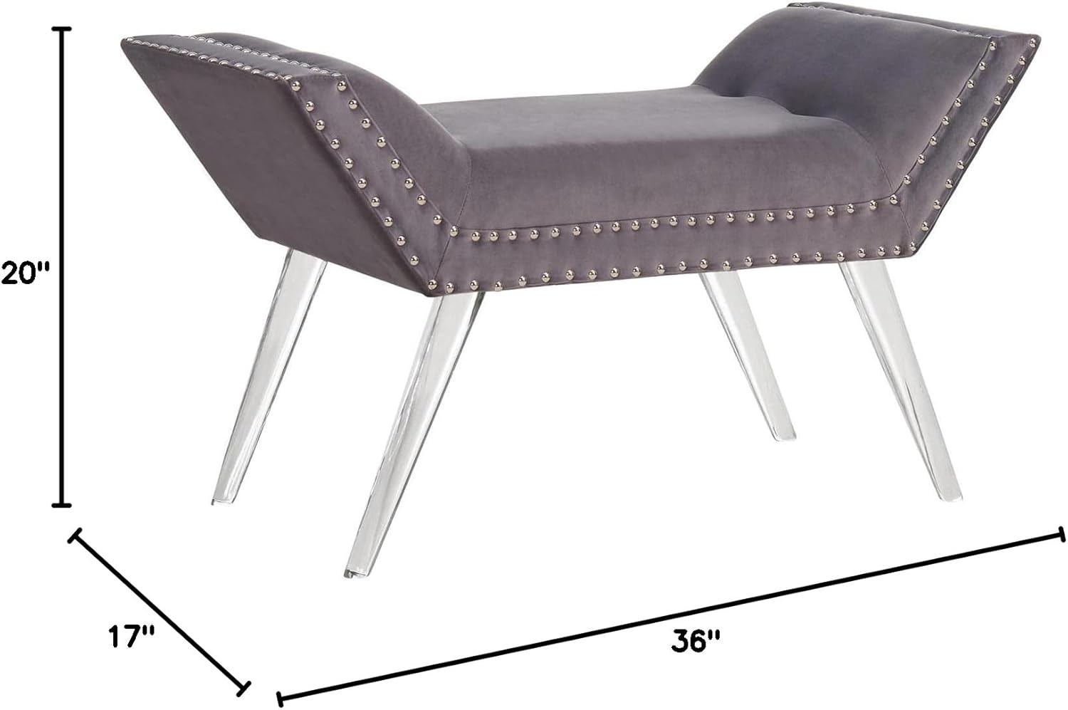 Armen Living Silas Bench in Grey Velvet and Acrylic Finish