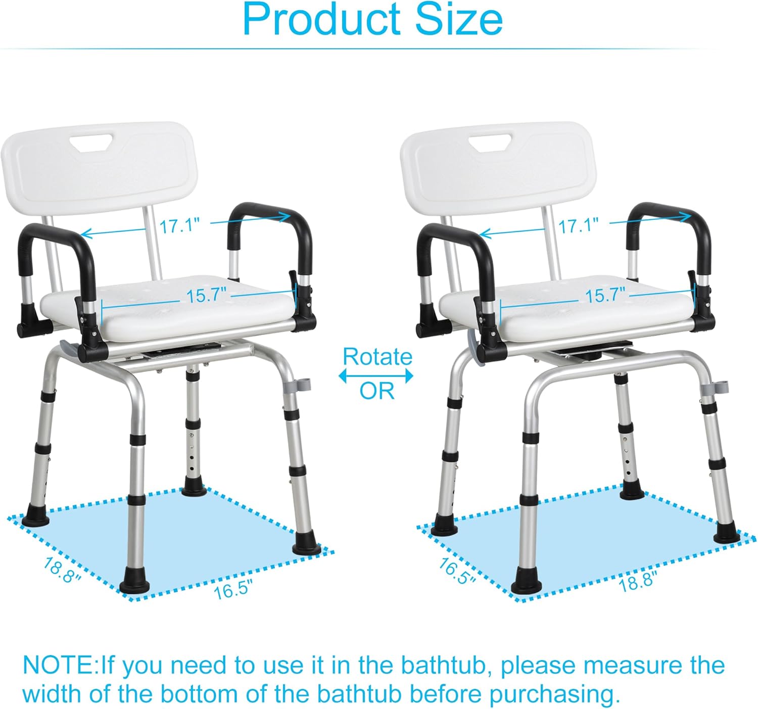 REAQER Swivel Shower Chair 360° Pivoting Bathtub Seat with Arms and Back Narrow Bath Bench for Seniors,Elderly,Disabled and Pregnant Women Adjustable Bath Chair