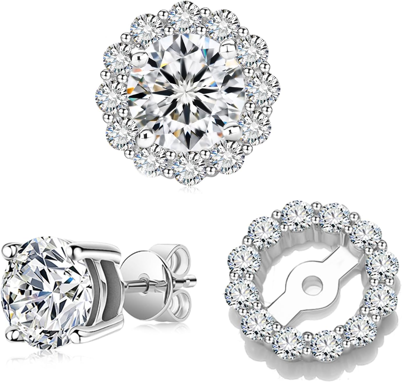 Moissanite Earrings Women,2Carat Diamond Studs,925 Sterling Silver Simulated Diamond Earring,2 IN 1 Hypoallergenic Earrings with Removable Jackets for Wife Daughter