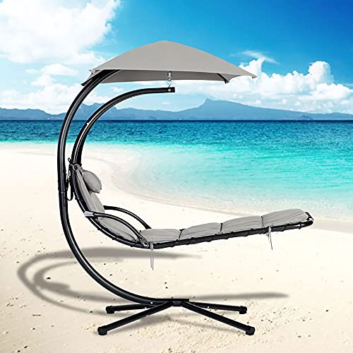 Outdoor Hanging Curved Steel Chaise Lounge Chair Swing,for Backyard, Patio, Weather-Resistant Pillow,Removable Canopy Shade, Steel Stand,Beige