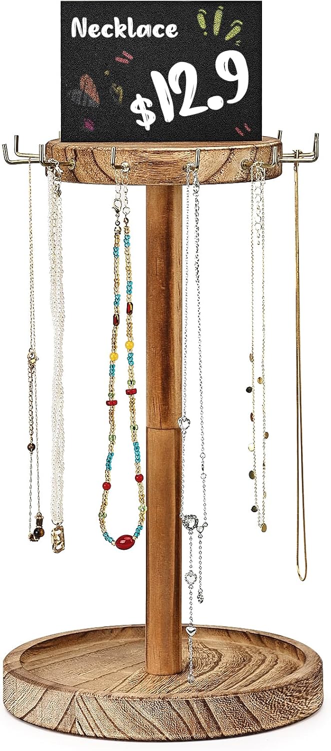 Necklace Holder, 1 Tier Wooden Organizer Stand, Rustic Jewelry Hanger Display for Bracelets, Keychains, Rings, Hair Accessories, 12 Hooks, 13-Inch Rack with Advertising Board - Unfinished