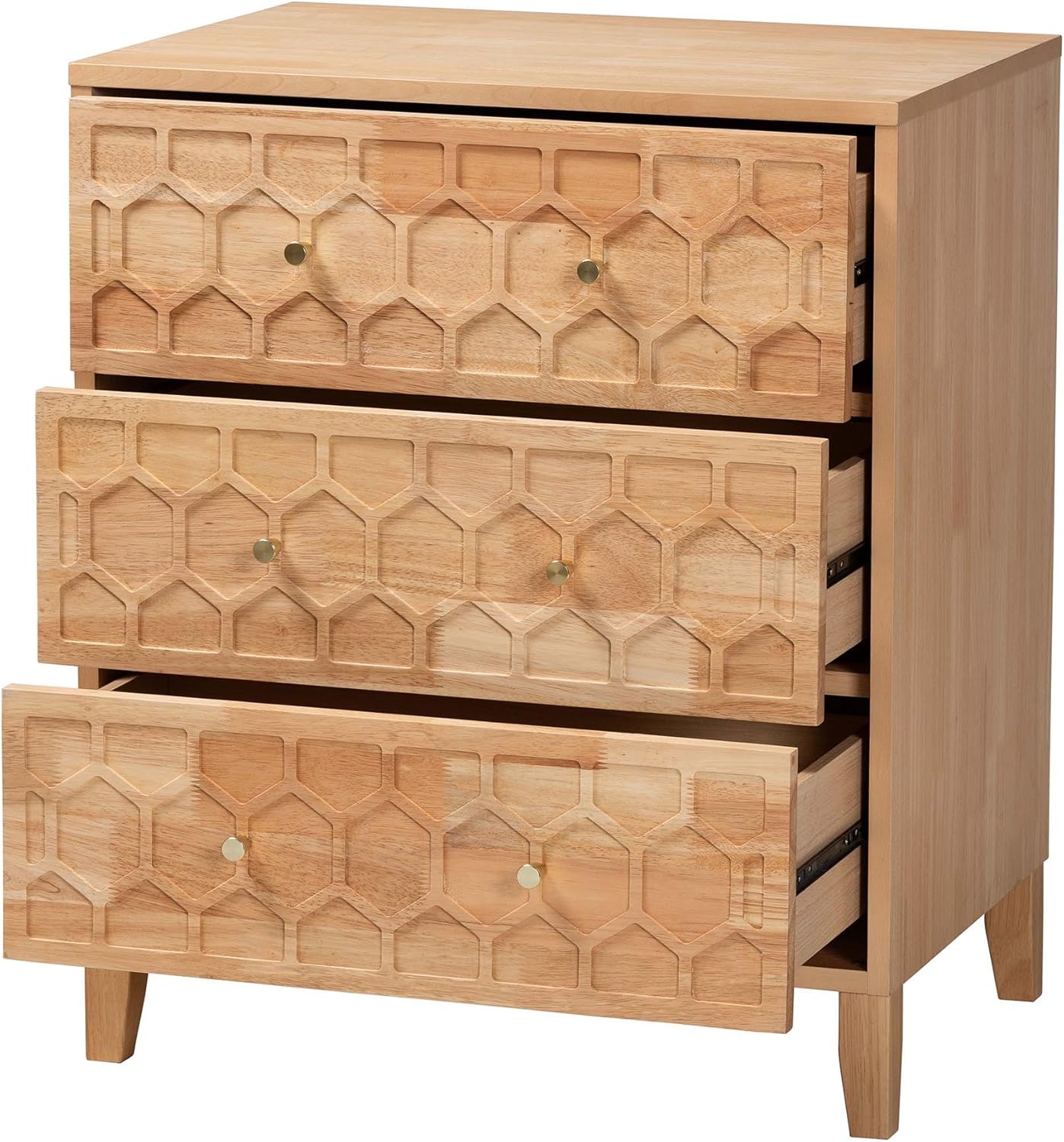 Baxton Studio Hosea Carved Honeycomb Chest, 3-Drawer, Natural