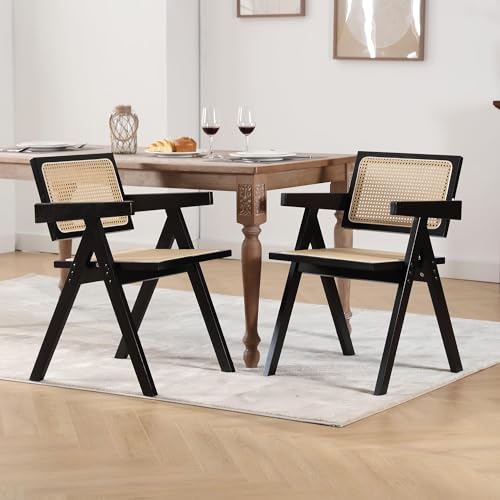 Rattan Dining Chairs Set of 4, Farmhouse Natural Dining Room Chairs with Woven Backrest, Comfortable Seat, Sturdy Wood Frame for Kitchen/Restaurant, Black