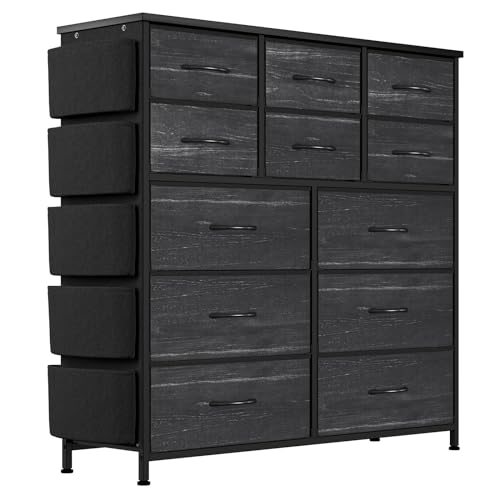 GAOMON Dresser for Bedroom with 12 Drawers, Storage Dresser Organizer Unit, Fabric Dresser for Bedroom, Closet, Nursery, Chest of Drawers, Steel Frame, Wood Top (Charcoal Black)