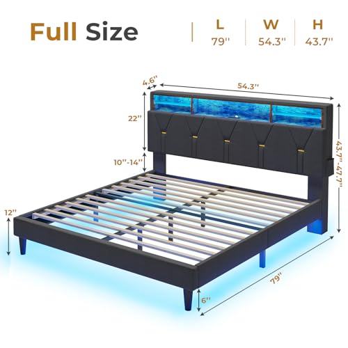 LED Full Bed Frame with Charging Station, Full Size Bed Frame with Storage Headboard, Modern Upholstered Platform Bed with Shelf Headboard, Noise-Free, Dark Grey