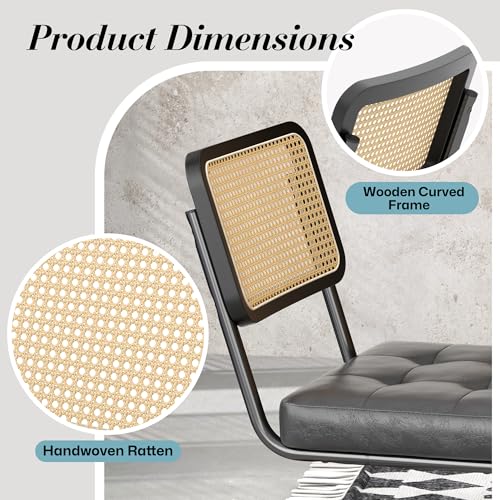 Faux Leather Dining Chairs Set of 4, Upholstered Armless Dining Room Chairs with Metal Chrome Frame, Modern Kitchen Chairs with Mesh Rattan Backrest and Plastic Footmat, Black