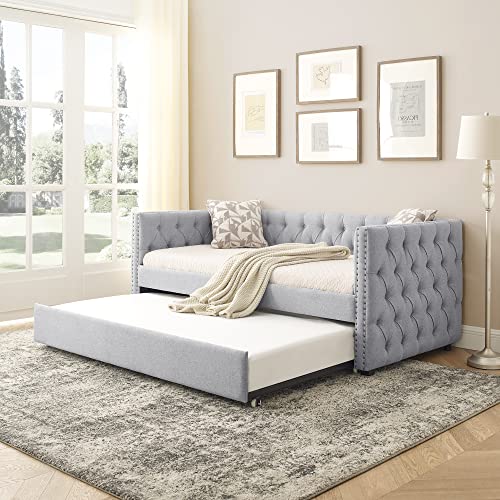 Daybed with Trundle, Fabric Upholstered Twin Size Day Bed Button-Tufted Sofa Daybed Frame Twin Roll-Out Trundle, No Box Spring Needed, Furniture for Bedroom, Living Room, Guest Room