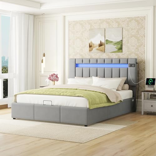 Merax Full Size Bed Frame, Upholstered Platform Bed with Headboard and Under Bed Hydraulic Storage Space, Velvet Fabric
