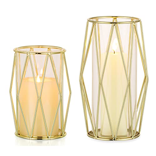Nuptio Gold Pillar Candle Holder: Glass Hurricane Candles Holders with Geometric Metal Rack Stand for Wedding Birthday Party Centerpieces - Decorative Flower Vase for Office Living Room