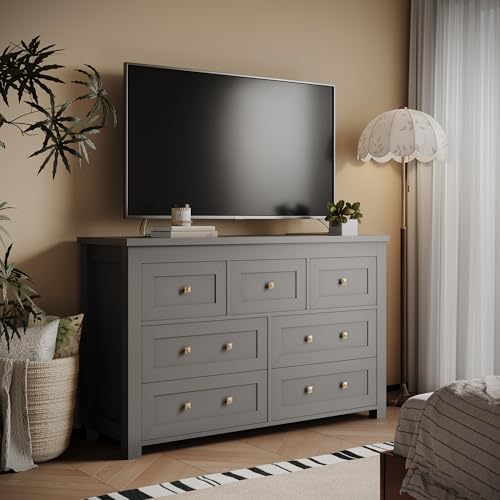 7 Drawer Dresser for Bedroom, Farmhouse Wood Chest of Drawers, Wide TV Stand Closet Storage Furniture with Metal Handle, Modern Wooden Clothes Organizer for Hallway, Living Room, Entryway, Black