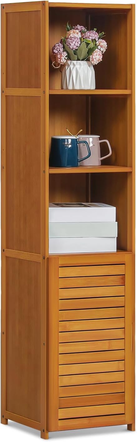 Magshion Bamboo 5-Shelves Bookshelf with Blinds Door, Brown 50