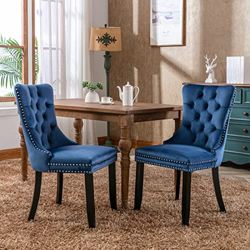 Bellemave Velvet Dining Chair Set of 2, Upholstered Dining Room Chair with Nailhead Back Ring Pull Trim Solid Wood Legs, High-end Tufted Kitchen Seat for Dining Room (Olive-Green)