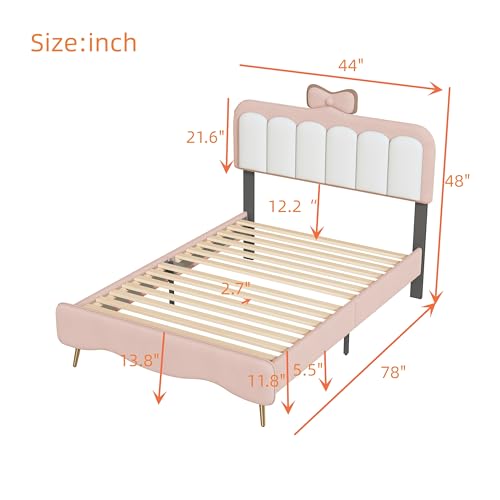SOFTSEA Twin Size Upholstered Princess Bed with Crown Headboard, Twin Platform Bed with Headboard and Footboard for Bedroom, Wood Princess Bed Frame with Light Strips and Golden Metal Legs for Kids