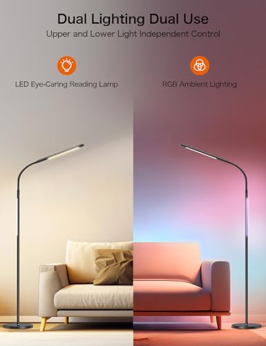 LED Floor Lamp,15W Dimmable Bright Reading & RGB Atmosphere Light,4 Color Temperatures,Remote and Touch Control,Music Sync,Adjustable Gooseneck Standing Task Lamp for Living Room Bedroom